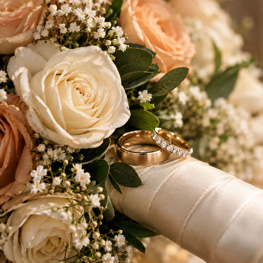 Close-up of wedding rings and a bouquet